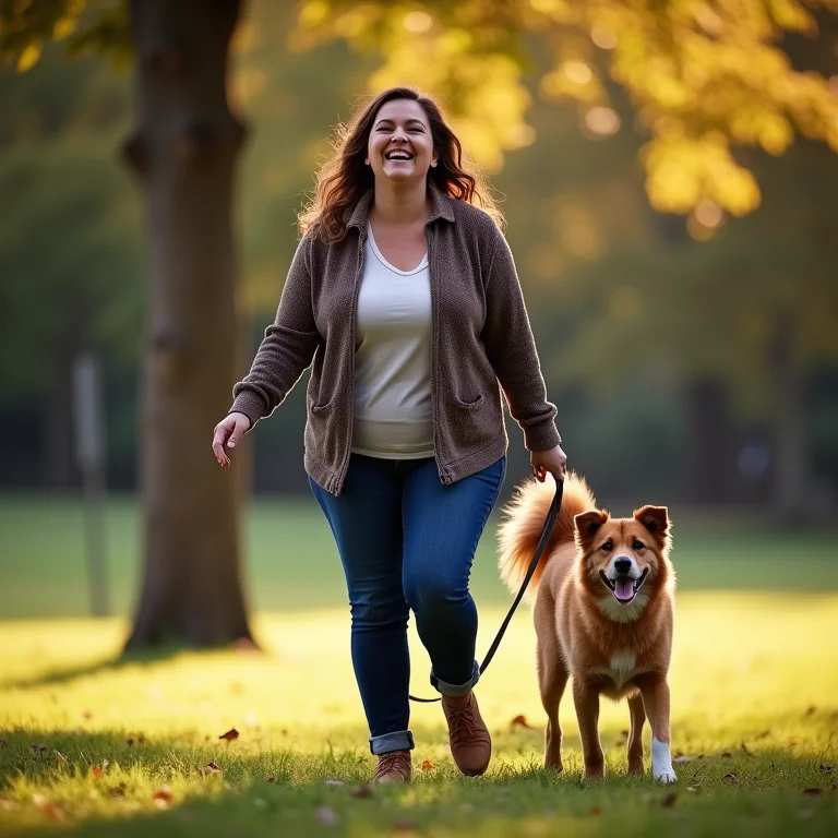 Mulher plus size rindo passeando com cachorro no parque