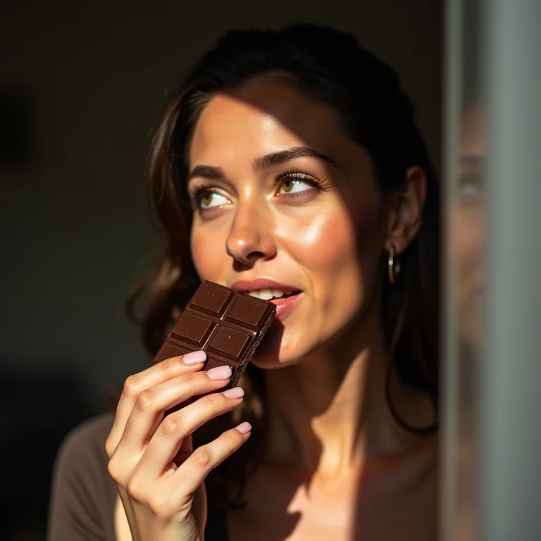 Mulher plus-size saboreando um pedaço de chocolate amargo.