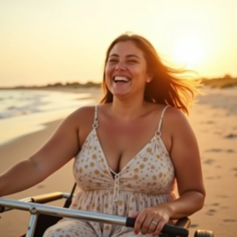 Mulher plus size se divertindo em passeio de buggy nas dunas de Genipabu