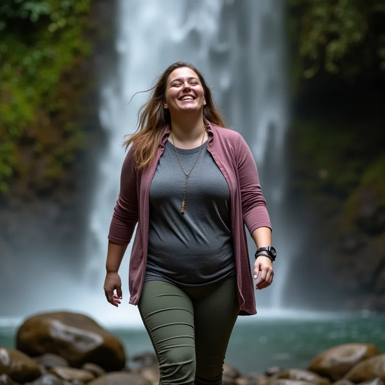 Mulher plus size se divertindo na cachoeira