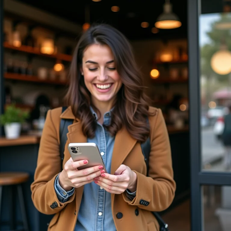 Mulher plus size sorrindo ao ver avaliação positiva no Foursquare.