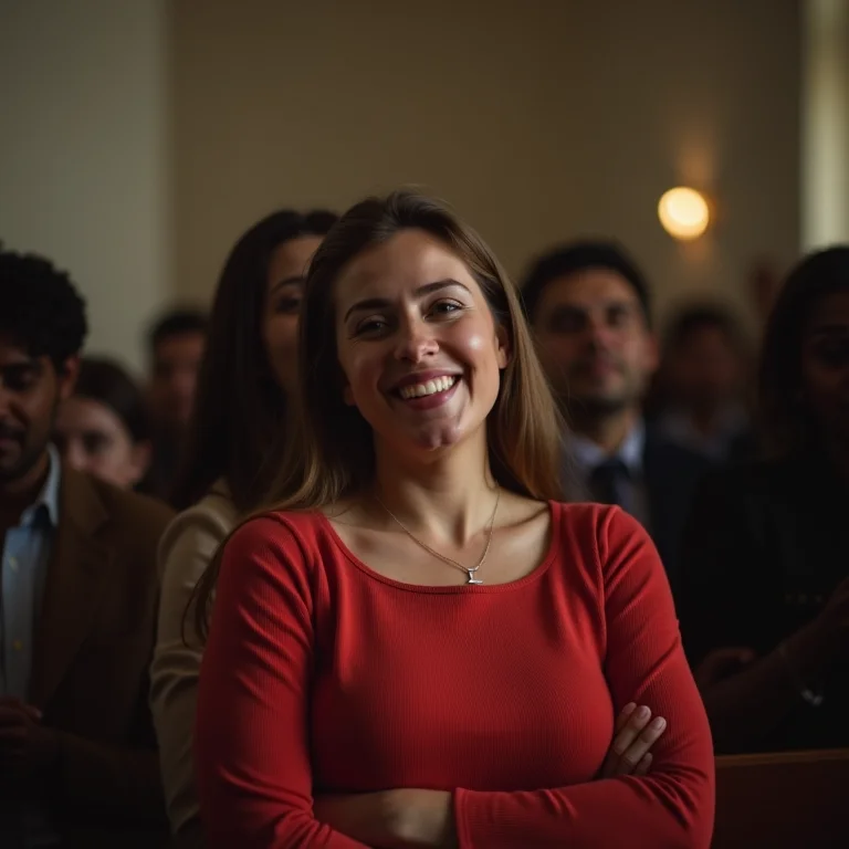 Mulher plus size sorrindo durante missa no Seminário Redentorista