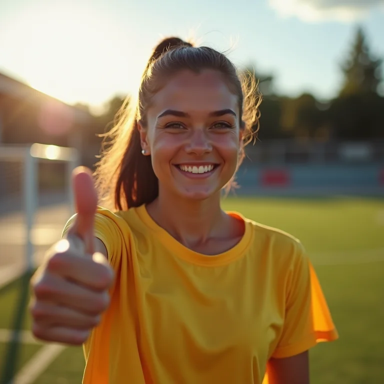 Mulher plus size sorrindo e aprovando o jogo de futebol de rua.