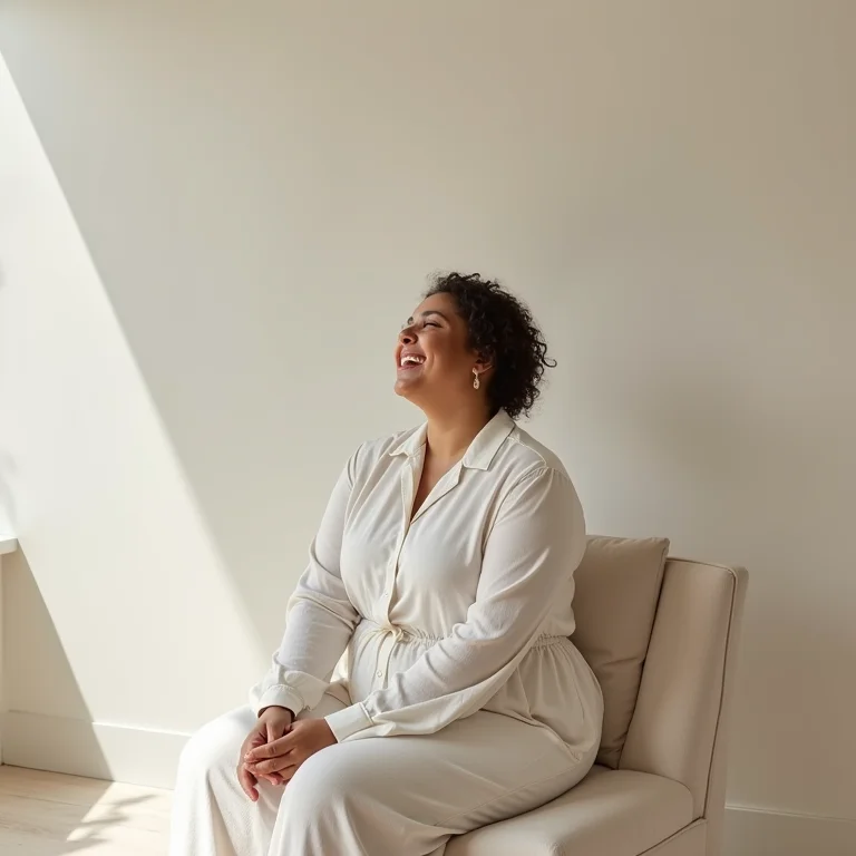 Mulher plus size sorrindo em sala neutra.