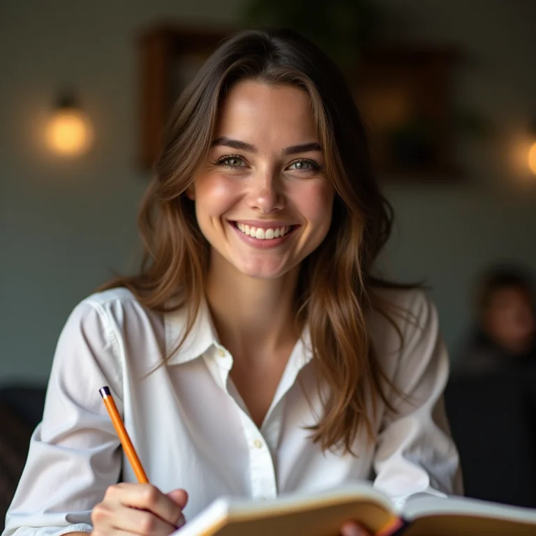 Mulher plus size sorrindo enquanto anota frase memorável