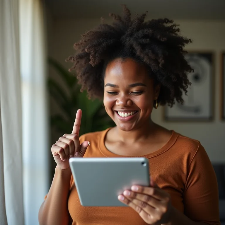 Mulher plus size sorrindo enquanto aponta opções de frete em um tablet