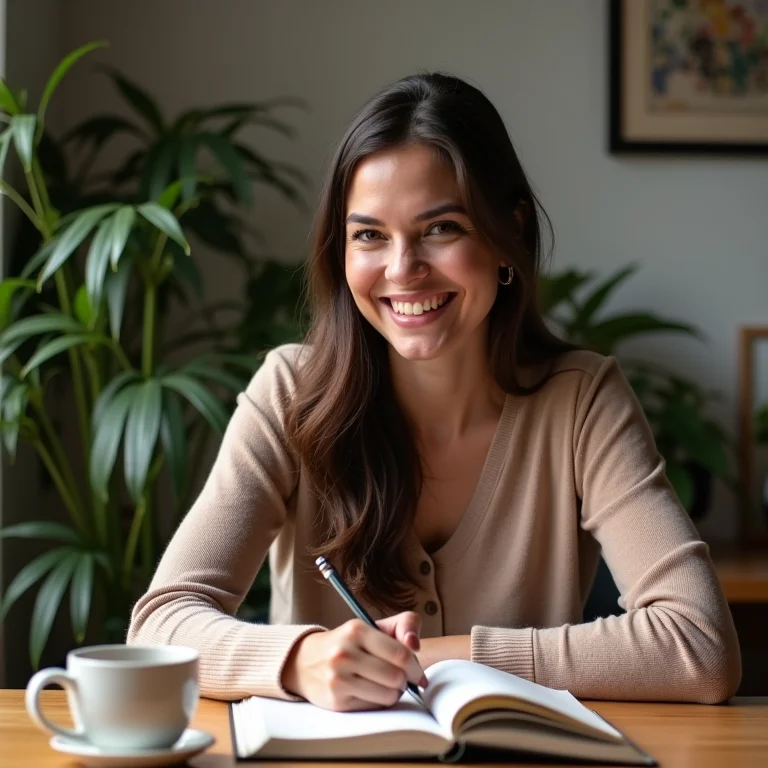 Mulher plus size sorrindo enquanto escreve em um diário