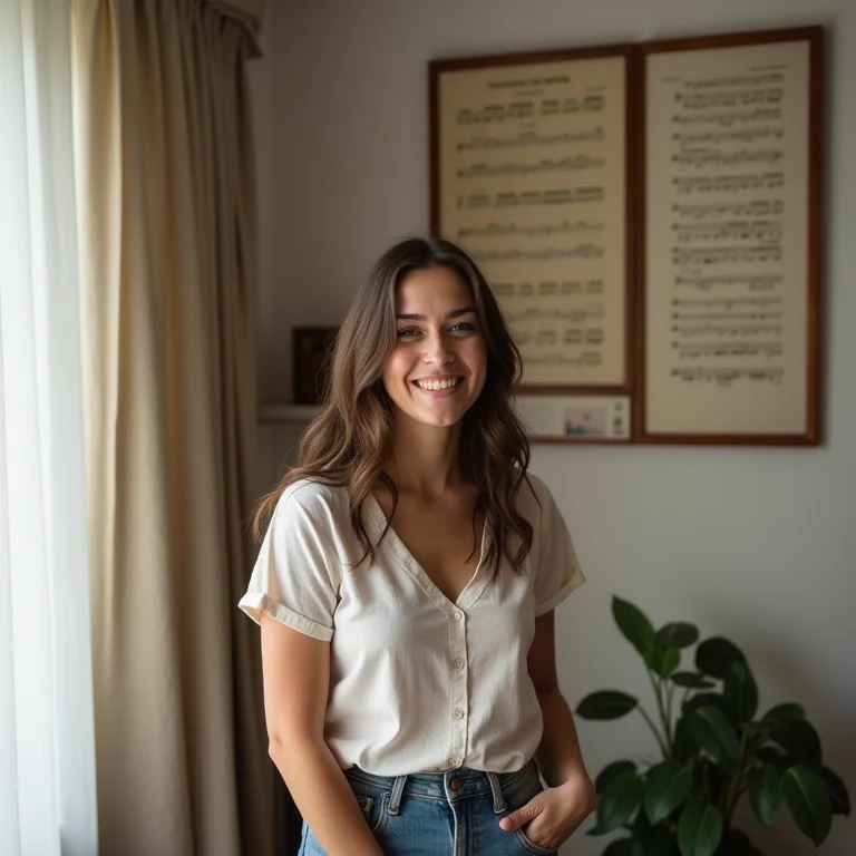 Mulher plus size sorrindo pendurando notas musicais emolduradas na parede