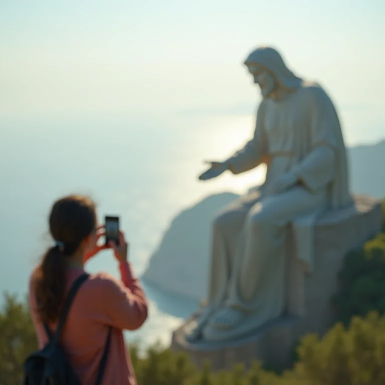 Mulher plus size tirando foto abstrata do Cristo