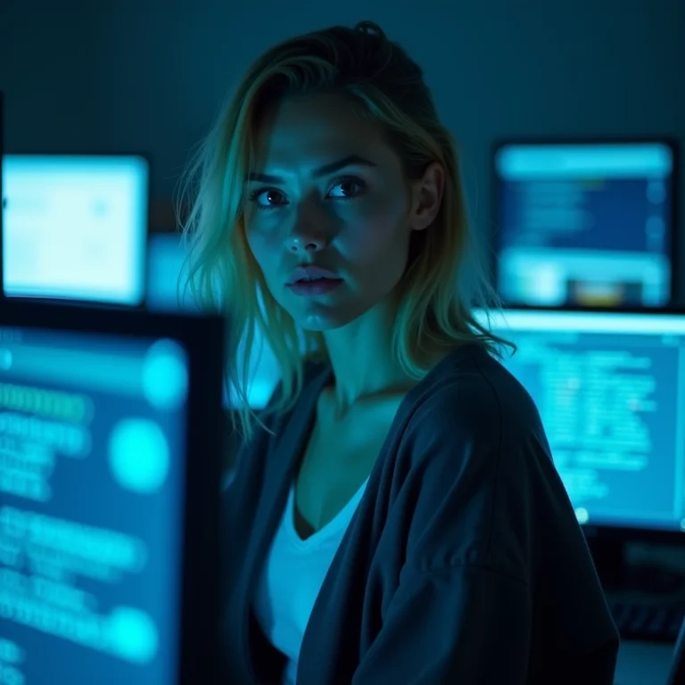 Mulher plus-size trabalhando com dados criptografados em vários monitores