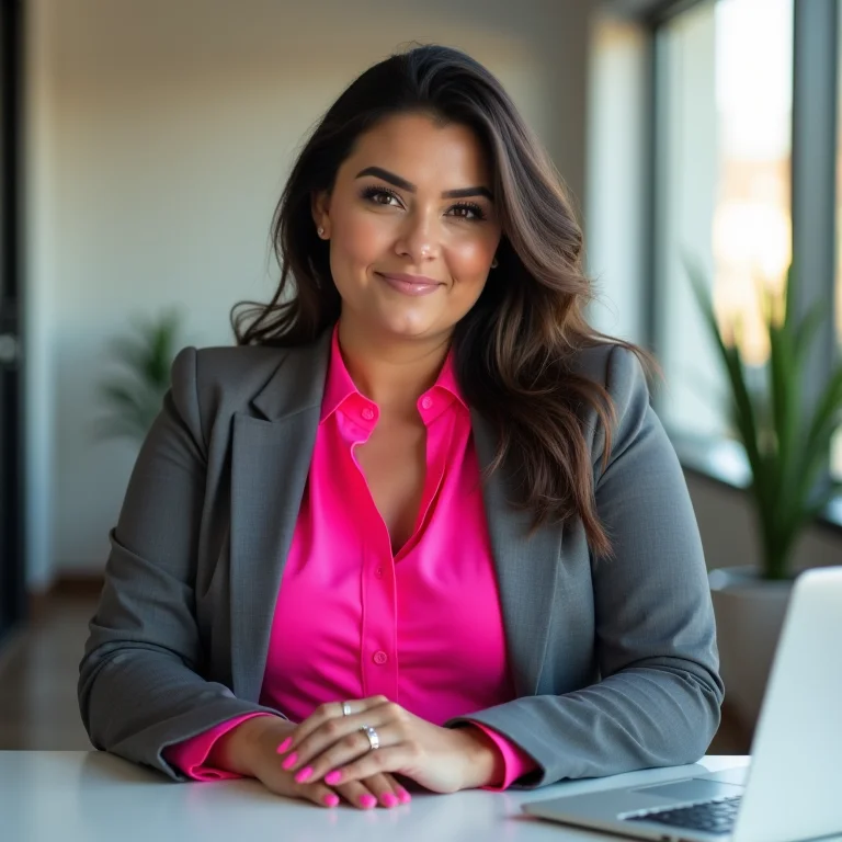 Mulher plus size usando blusa neon rosa com um terno cinza em um ambiente de escritório