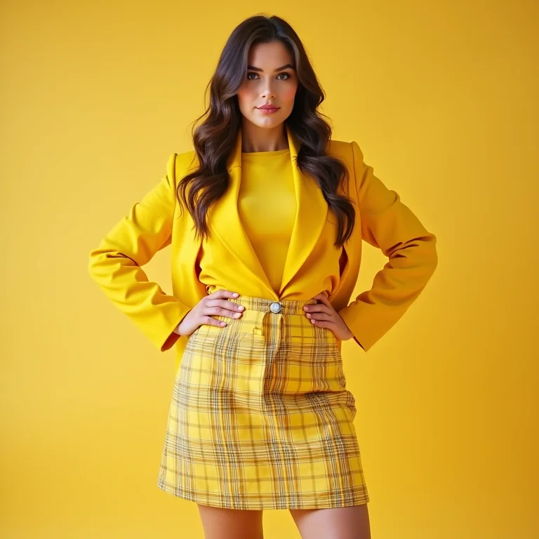 Mulher plus size vestindo um conjunto xadrez amarelo, inspirada no filme 'As Patricinhas de Beverly Hills'.