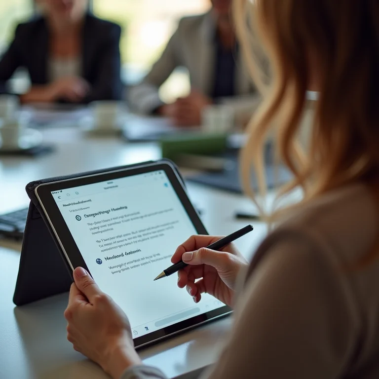 Mulher preparando a pauta da reunião em um tablet.