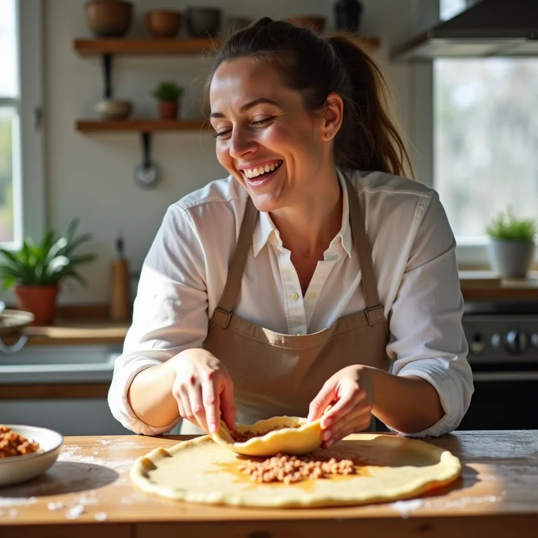 Mulher preparando risoles de carne caseiros