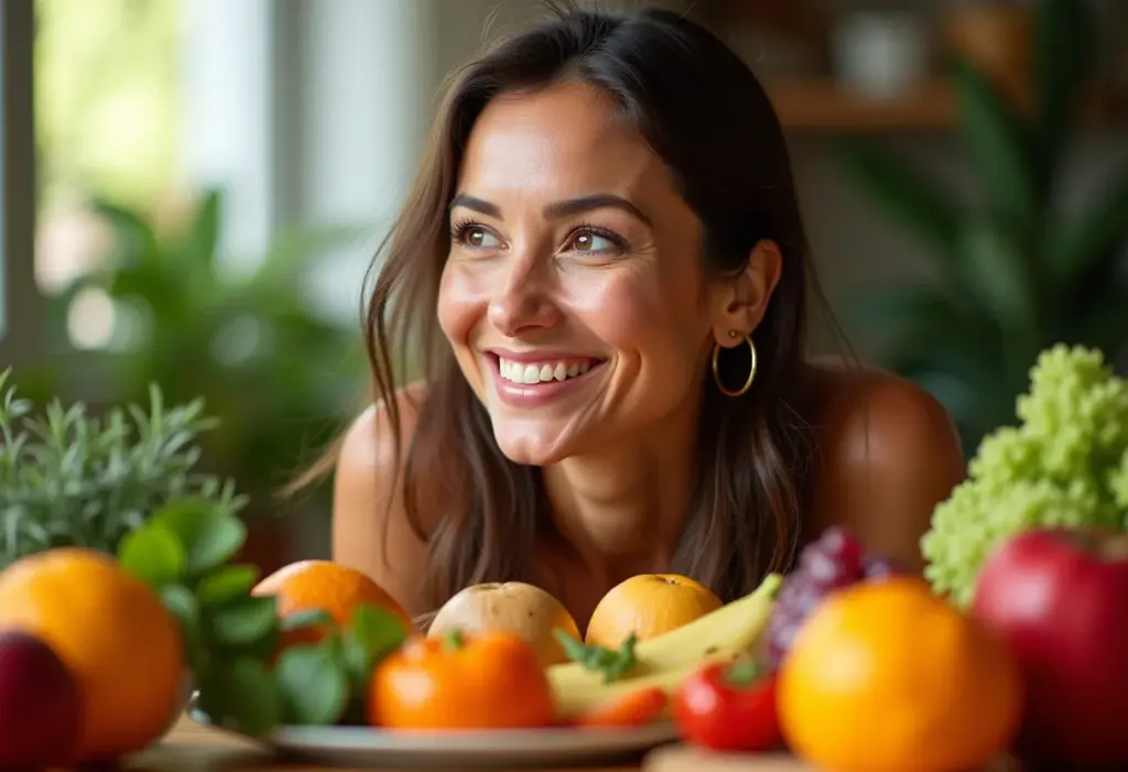 Mulher radiante cercada por alimentos frescos, representando a conexão entre dieta e memória.