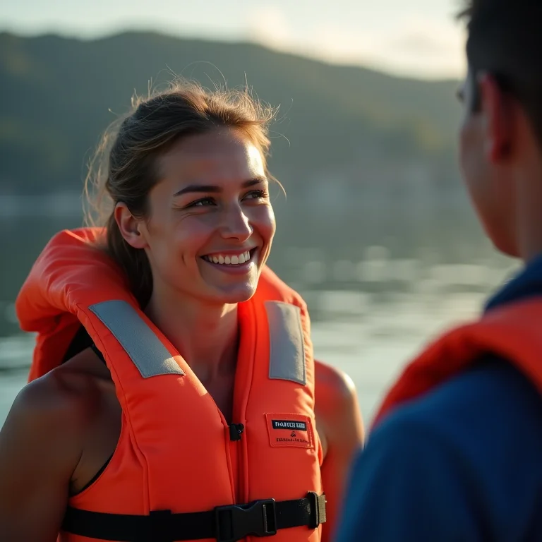 Mulher recebendo instruções de segurança para flutuação
