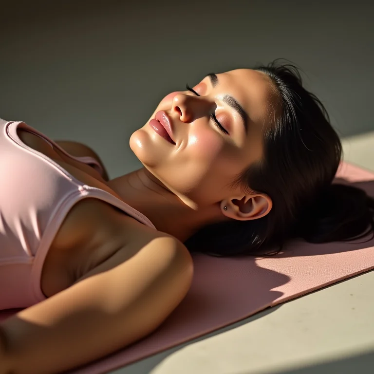Mulher relaxando após o treino, descansando em colchonete de yoga