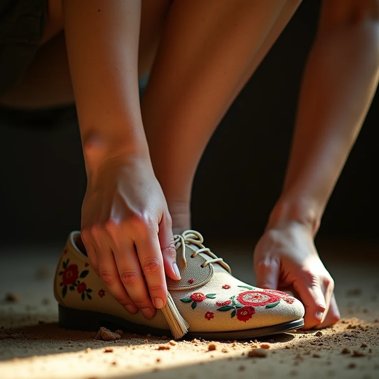 Mulher removendo sujeira superficial de sapatos bordados