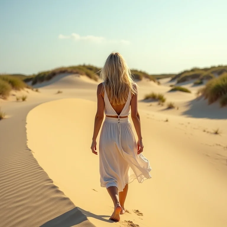 Mulher ruiva explorando as dunas douradas da Foz do São Francisco