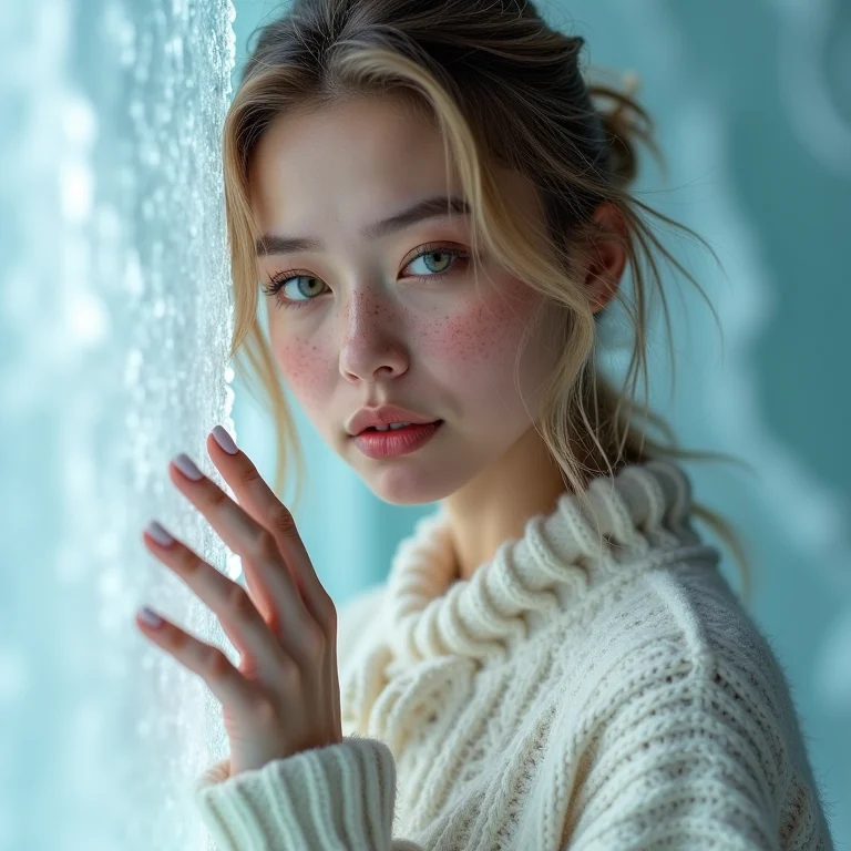 Mulher ruiva tocando uma escultura de gelo, inspirada no filme 'Edward Mãos de Tesoura'.