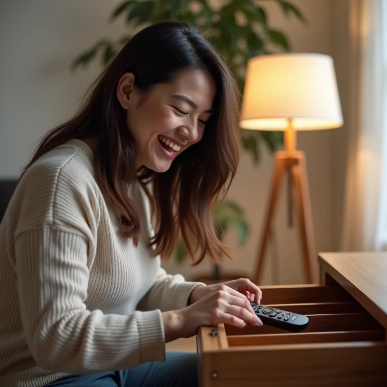 Mulher satisfeita pegando controle remoto em gaveta organizada.