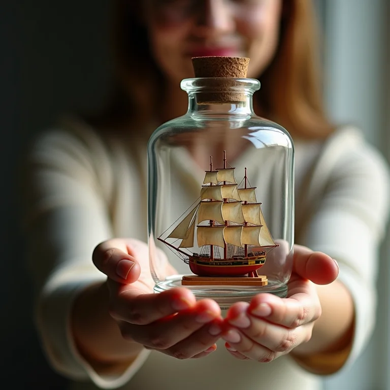 Mulher segurando um navio em miniatura dentro de uma garrafa