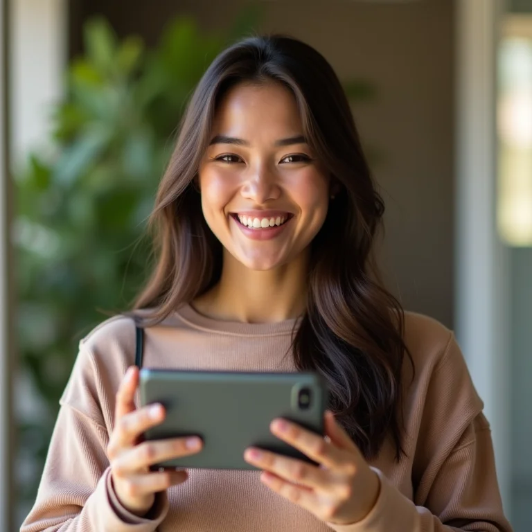 Mulher sorrindo após publicar vídeo no TikTok