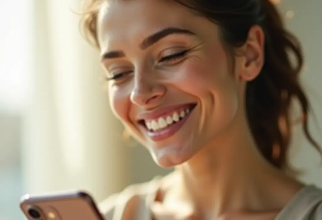 Mulher sorrindo com celular novo na mão