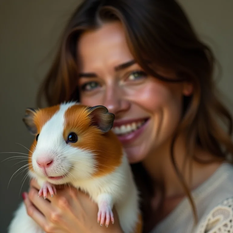 Mulher sorrindo com porquinho da índia