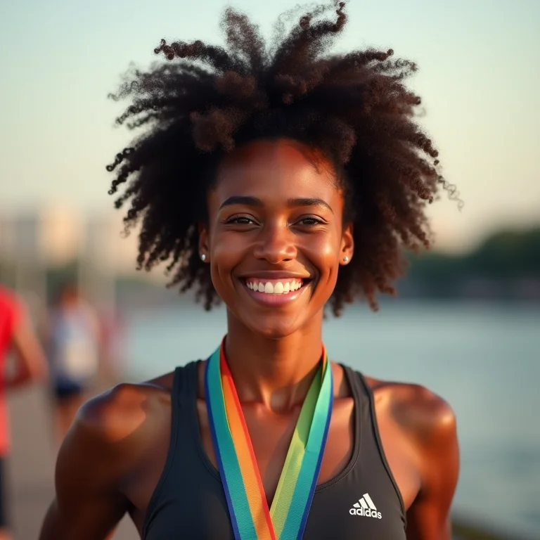 Mulher sorrindo confiantemente após terminar uma maratona.