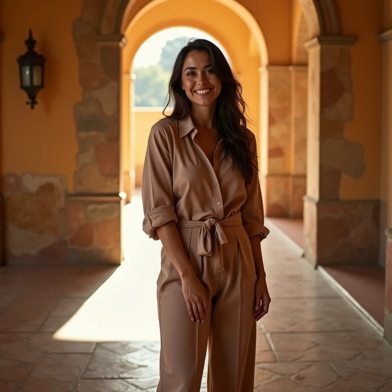 Mulher sorrindo dentro da Igrejinha dos Carneiros
