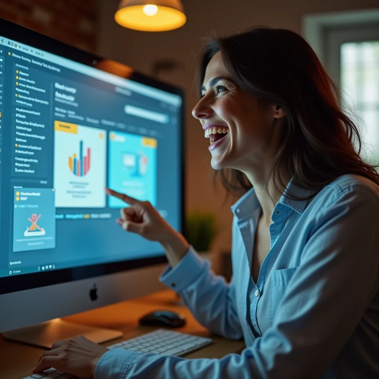 Mulher sorrindo enquanto aponta para arquivos importantes destacados em um computador.