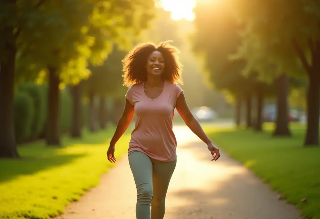 Mulher sorrindo enquanto caminha em parque ensolarado.
