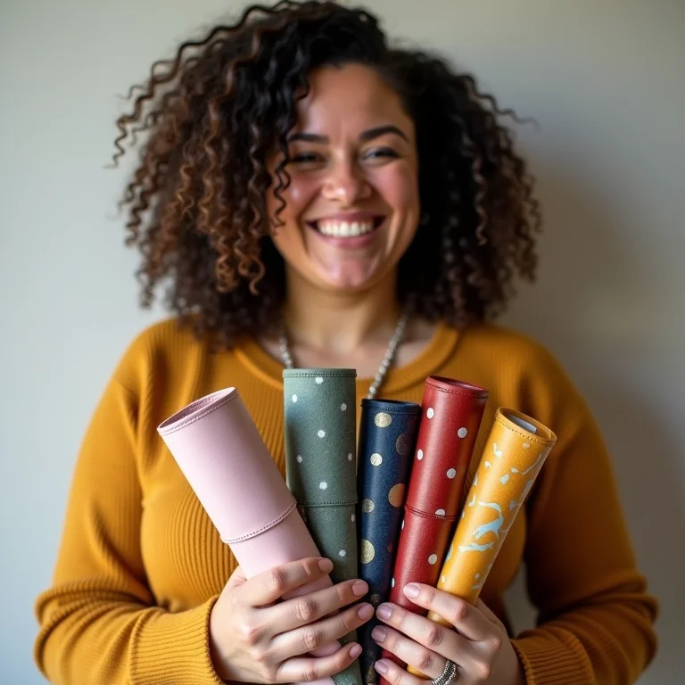 Mulher sorrindo, mostrando diferentes estilos de porta lápis de rolo.