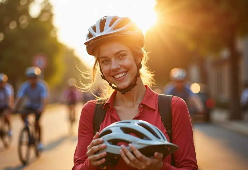 Mulher sorrindo segurando capacete de bicicleta
