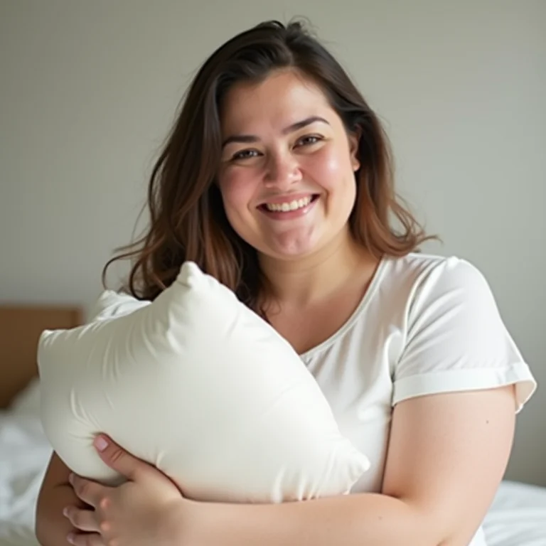 Mulher sorrindo segurando um travesseiro hipoalergênico