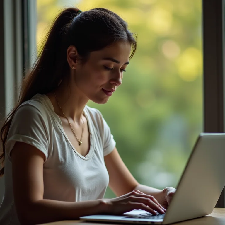 Mulher trabalhando no laptop com foco após caminhada.