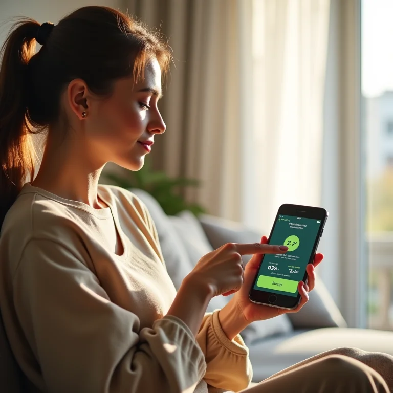 Mulher usando aplicativo para calcular e compensar emissões de carbono.