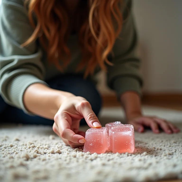 Mulher usando gelo para remover chiclete do tapete