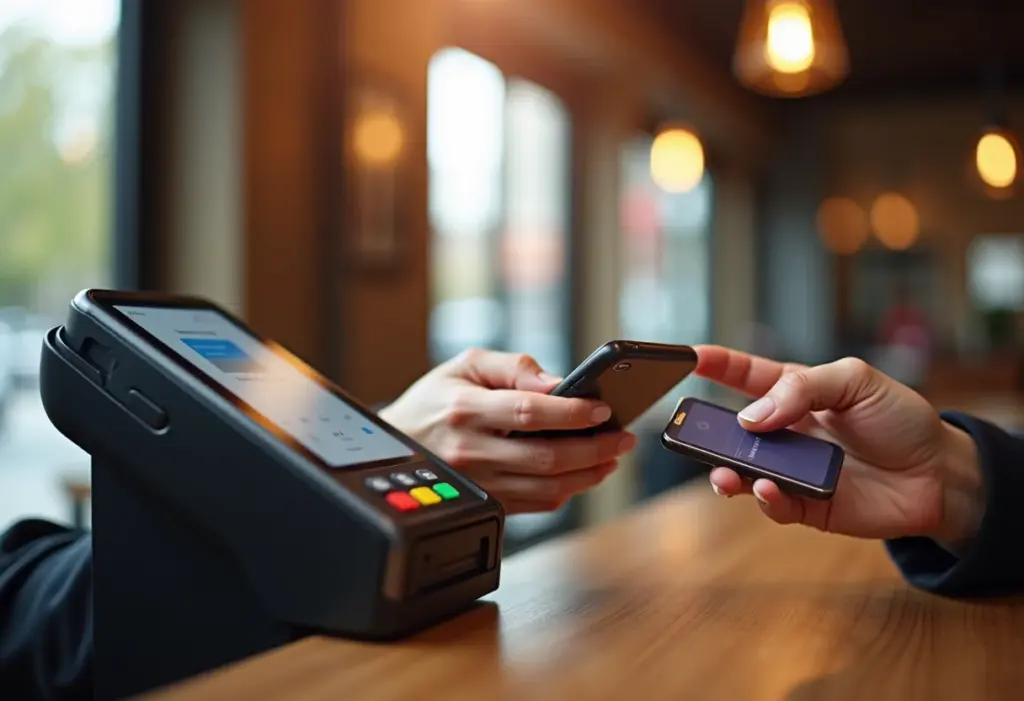 Mulher usando Samsung Pay em cafeteria