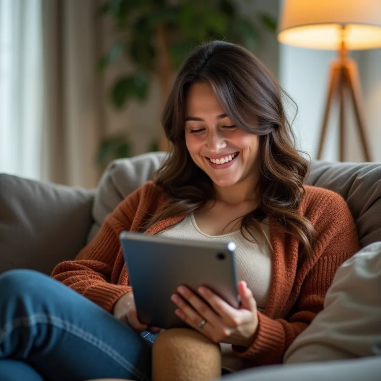 Mulher usando suporte de cortiça para tablet confortavelmente