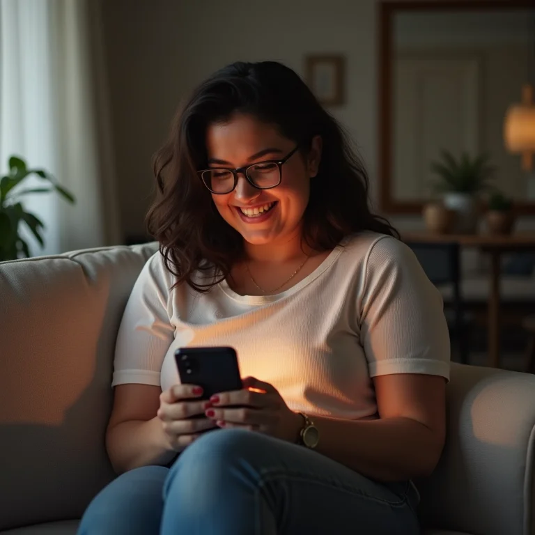 Mulher vendo fotos no celular novo