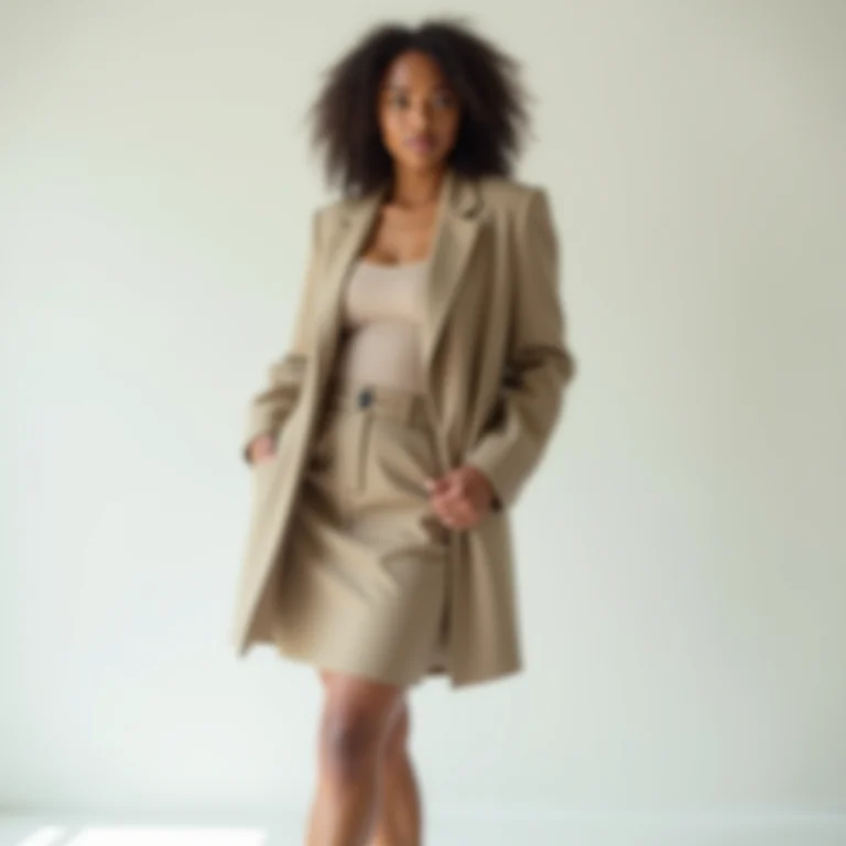 Mulher vestindo blazer e saia de alfaiataria com caimento perfeito