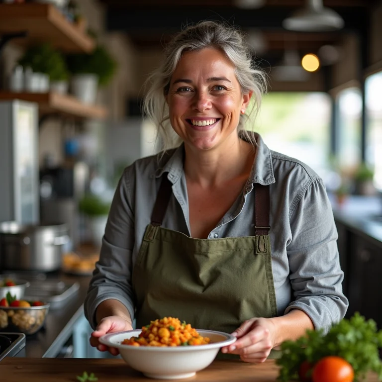Mulher voluntária servindo comida, simbolizando filantropia e impacto social