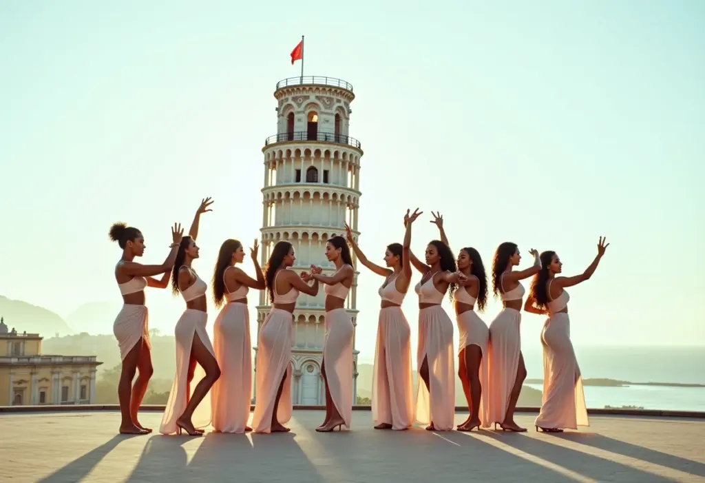 Mulheres brasileiras imitando a Torre de Pisa em pontos turísticos do Brasil