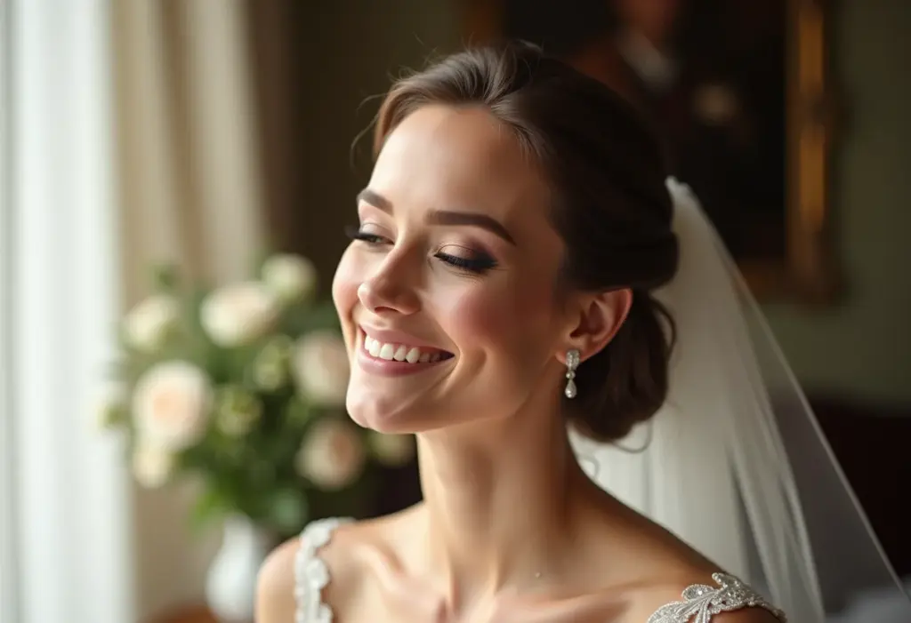 Noiva sorrindo com maquiagem impecável