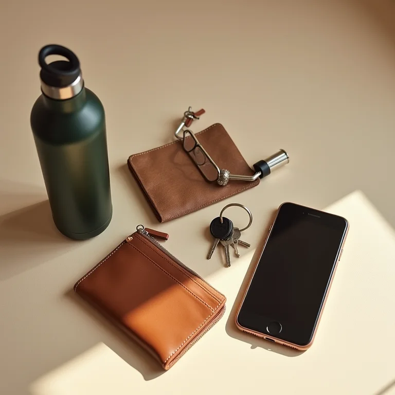 Objetos essenciais do dia a dia organizados em um fundo neutro.