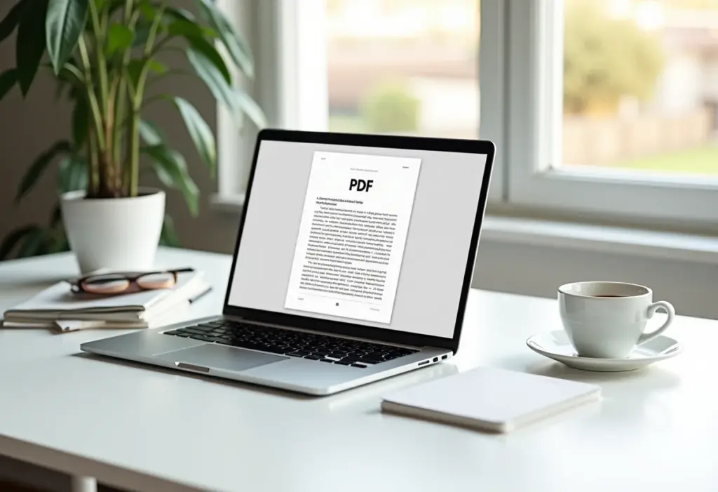 Organização minimalista de escritório com comprovante em PDF na tela do laptop.