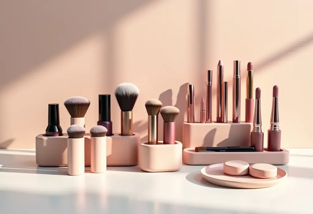 Organizador de maquiagem de EVA com diversos cosméticos.