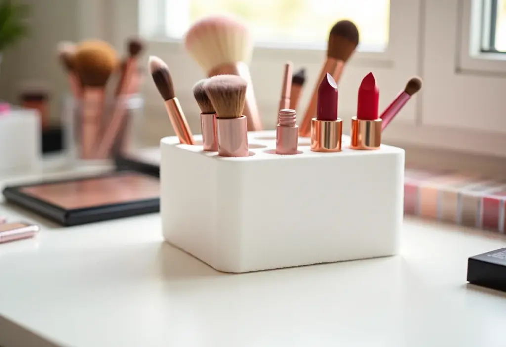 Organizador de maquiagem de isopor DIY com maquiagens ao redor